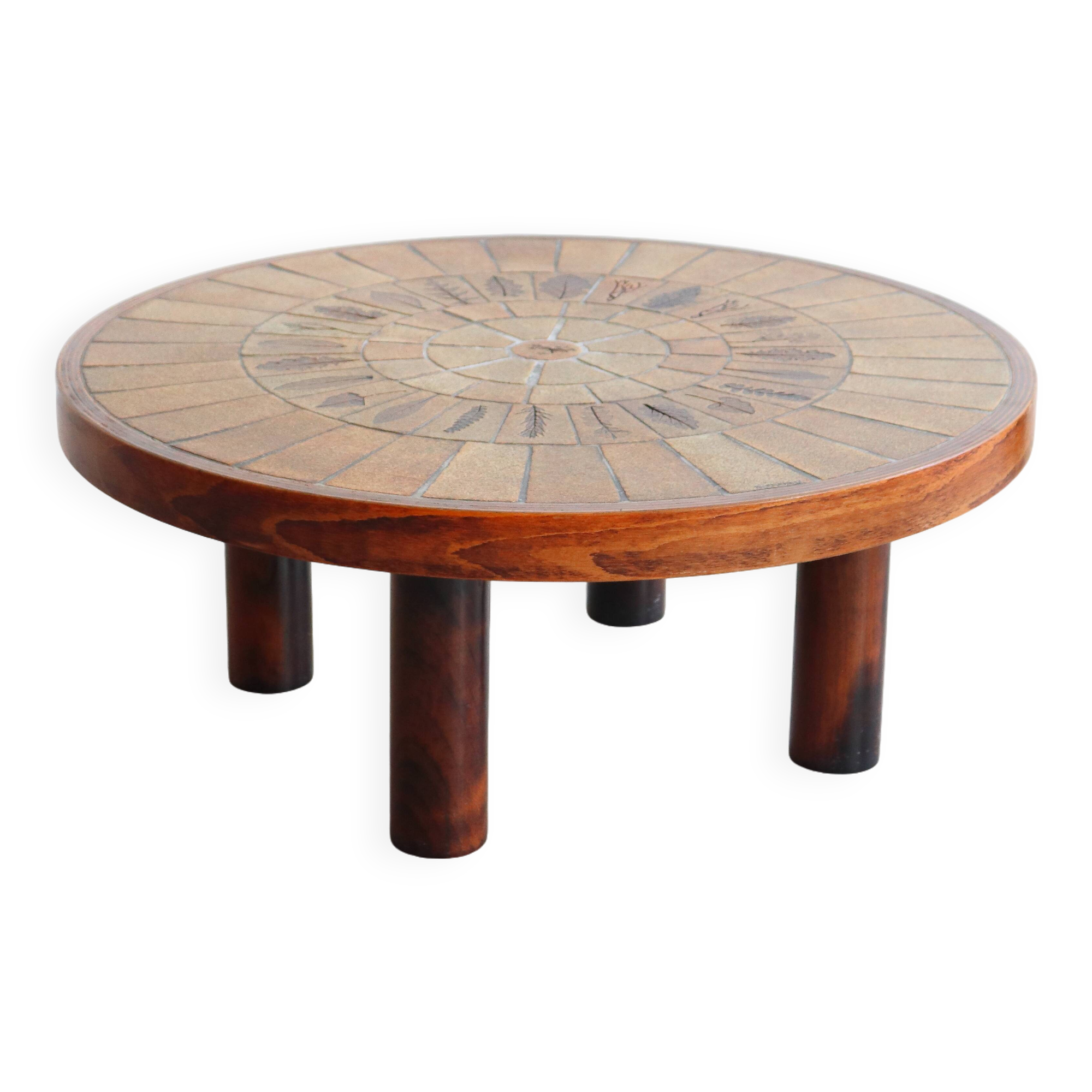 Round coffee table in wood and ceramic by Roger Capron, herbier/garrigue model, 60s/70s
