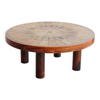 Table basse ronde en bois et céramique par Roger Capron, modèle herbier/garrigue, années 60/70