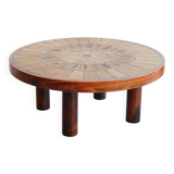 Round coffee table in wood and ceramic by Roger Capron, herbier/garrigue model, 60s/70s