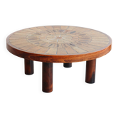 Round coffee table in wood and ceramic by Roger Capron, herbier/garrigue model, 60s/70s