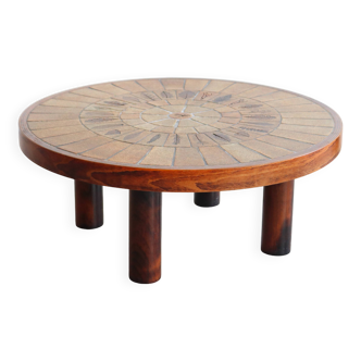 Round coffee table in wood and ceramic by Roger Capron, herbier/garrigue model, 60s/70s
