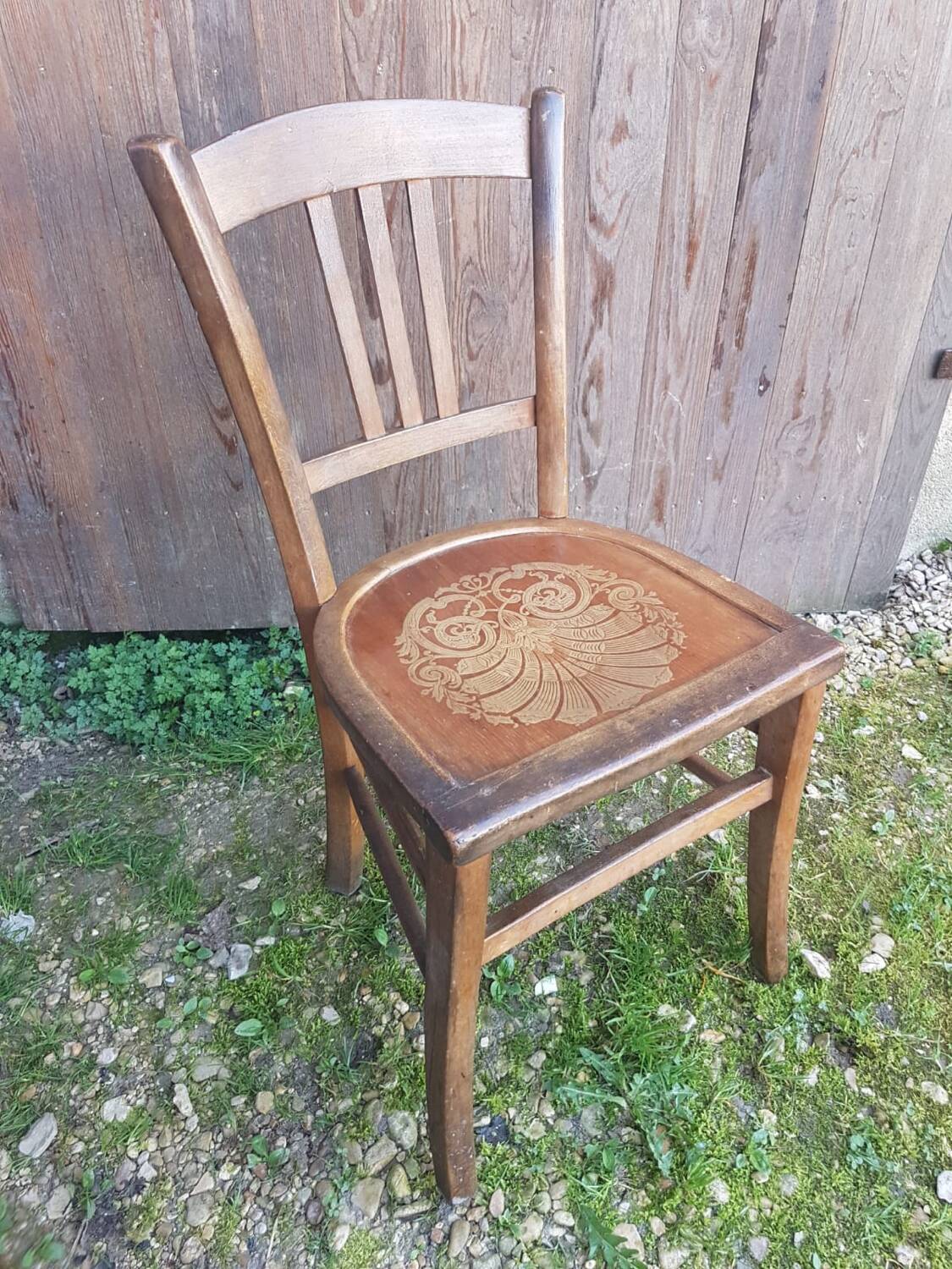 Old wooden bistro chair seat vintage relief drawing