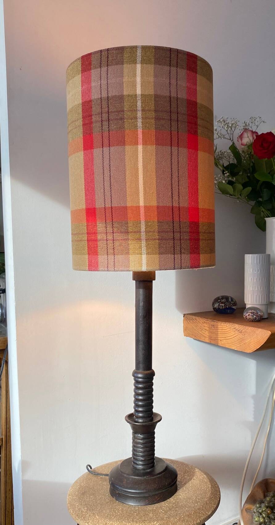 Solid wood lamp with handmade shade, 1940s.