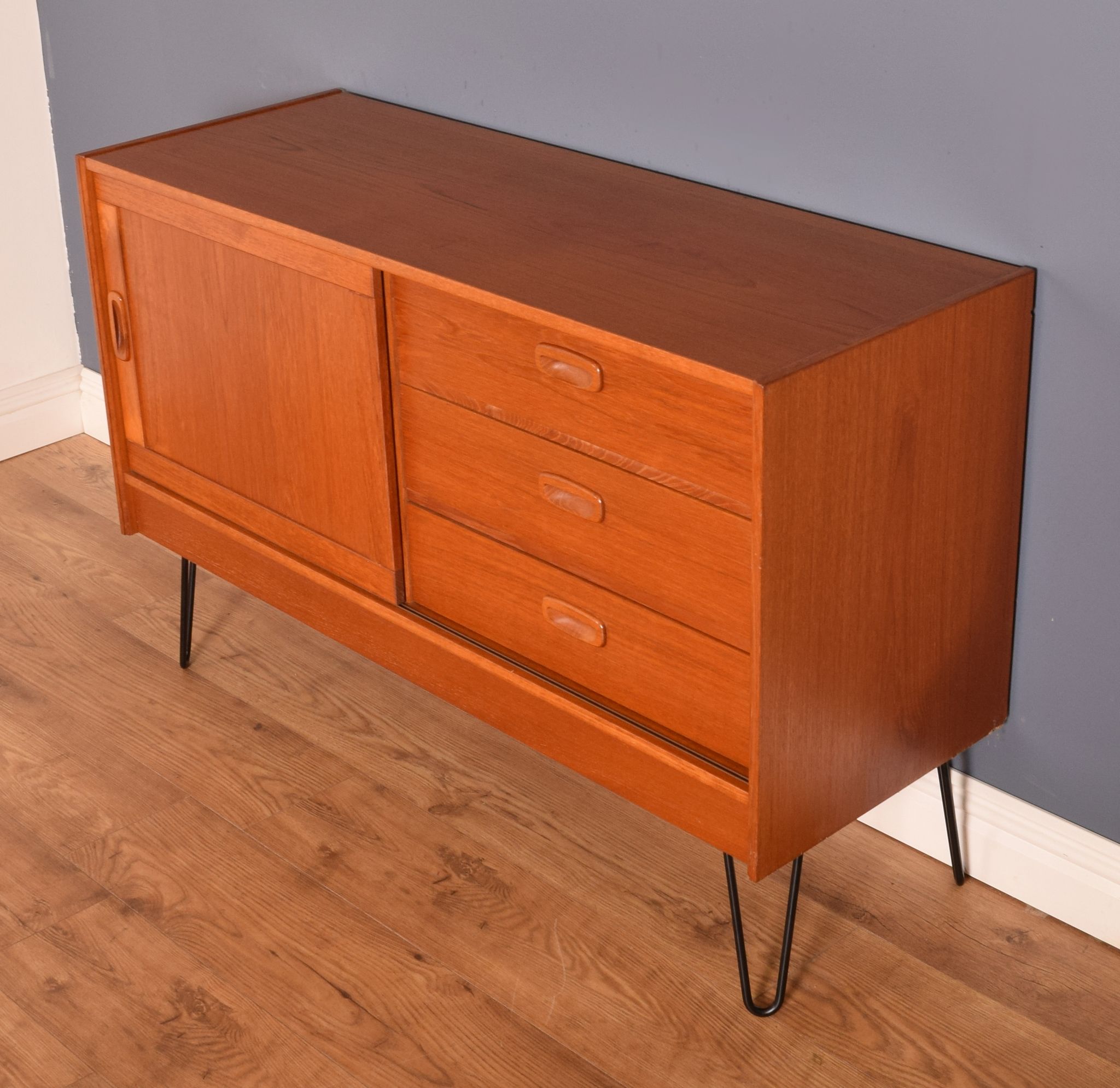 Restored Danish Teak 1960s Short Retro Sideboard Hairpin Legs