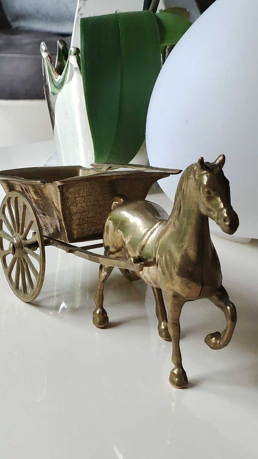 Calèche Miniature Ancienne En Laiton – Vintage – Longueur 16,5 Cm – Fabriquée En Italie