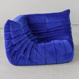 Togo corner chair in blue velvet by Michel Ducaroy for Ligne Roset
