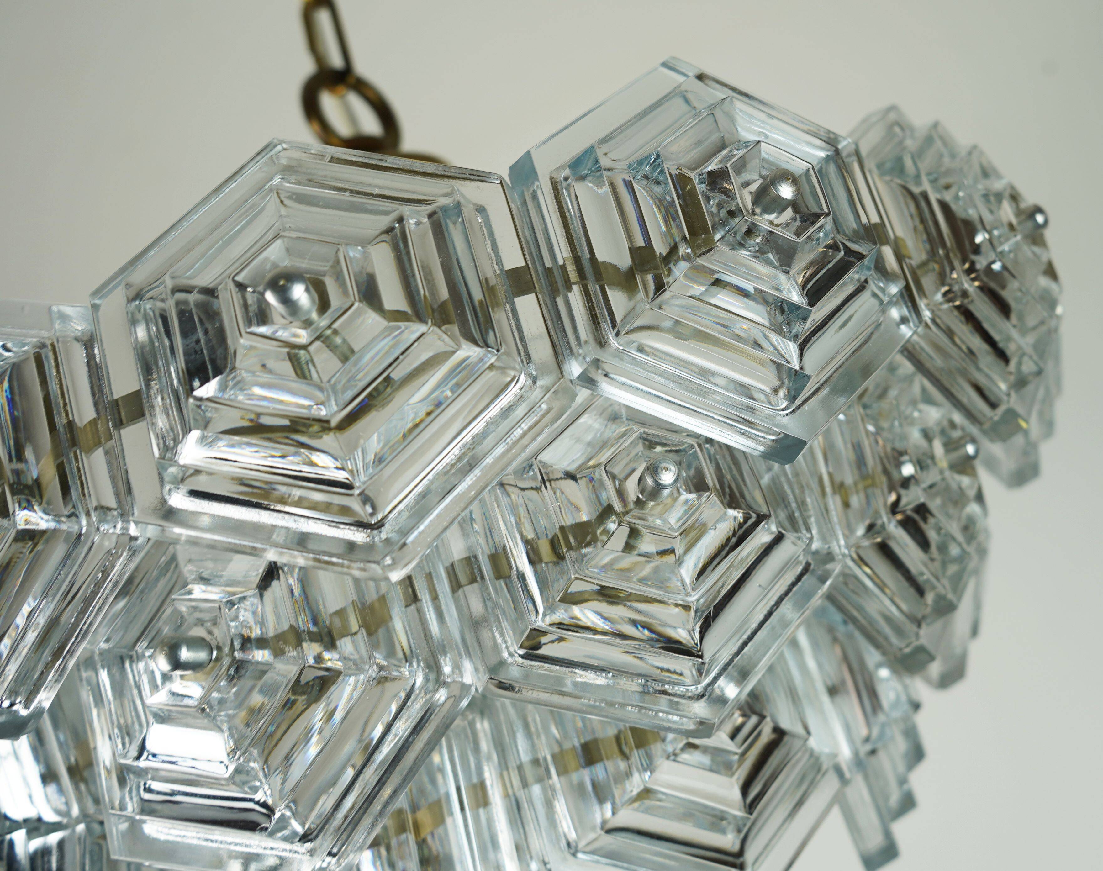 3-tier mid century pendant light with 27 hexagonal glass panels 1960s 70s