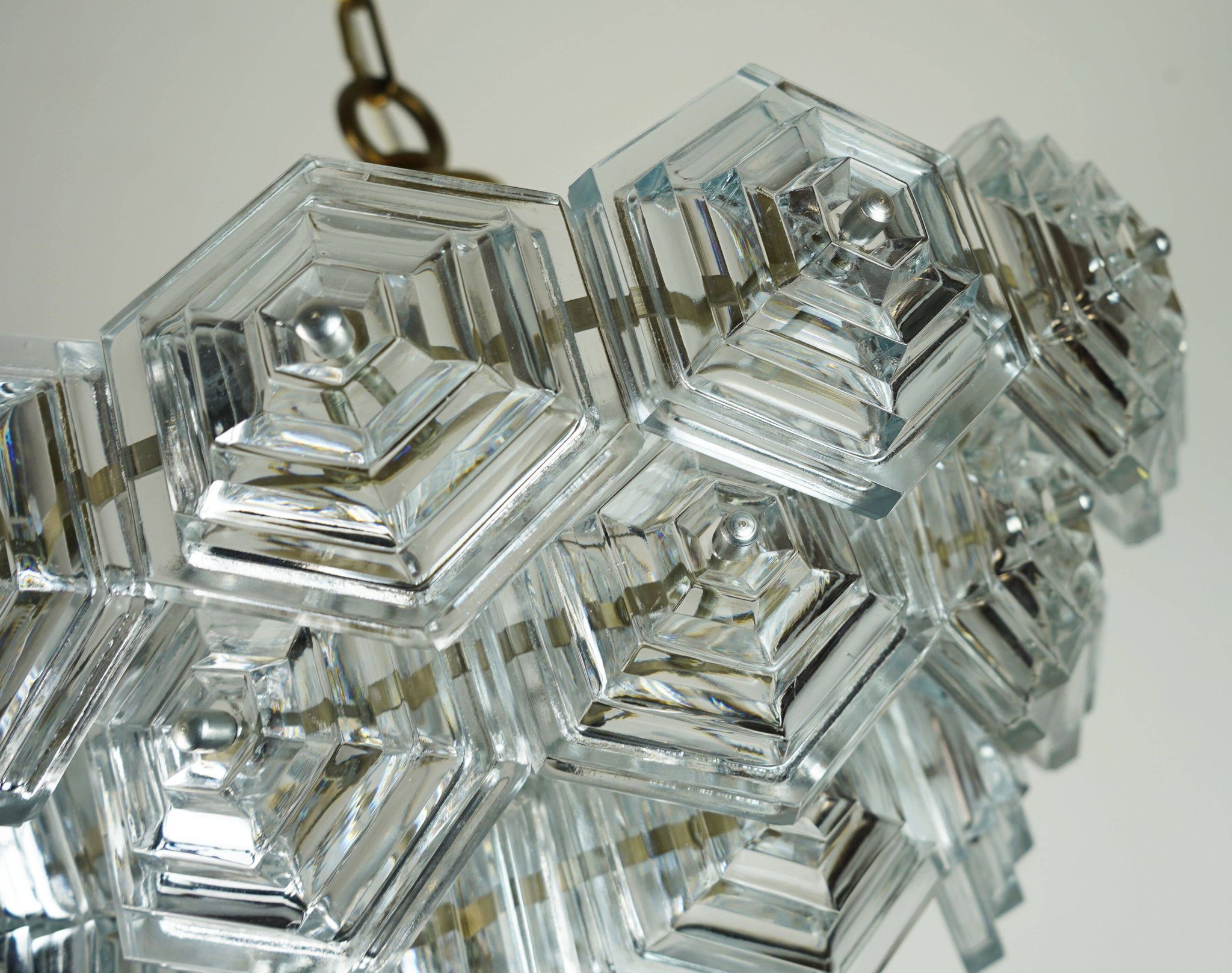 3-tier mid century pendant light with 27 hexagonal glass panels 1960s 70s