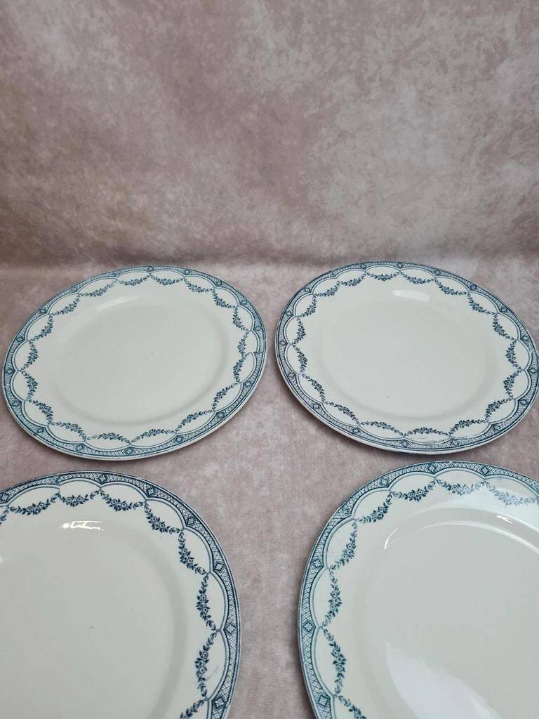 Set of 12 antique Salins "Petit Trianon" blue ironstone dinner plates.