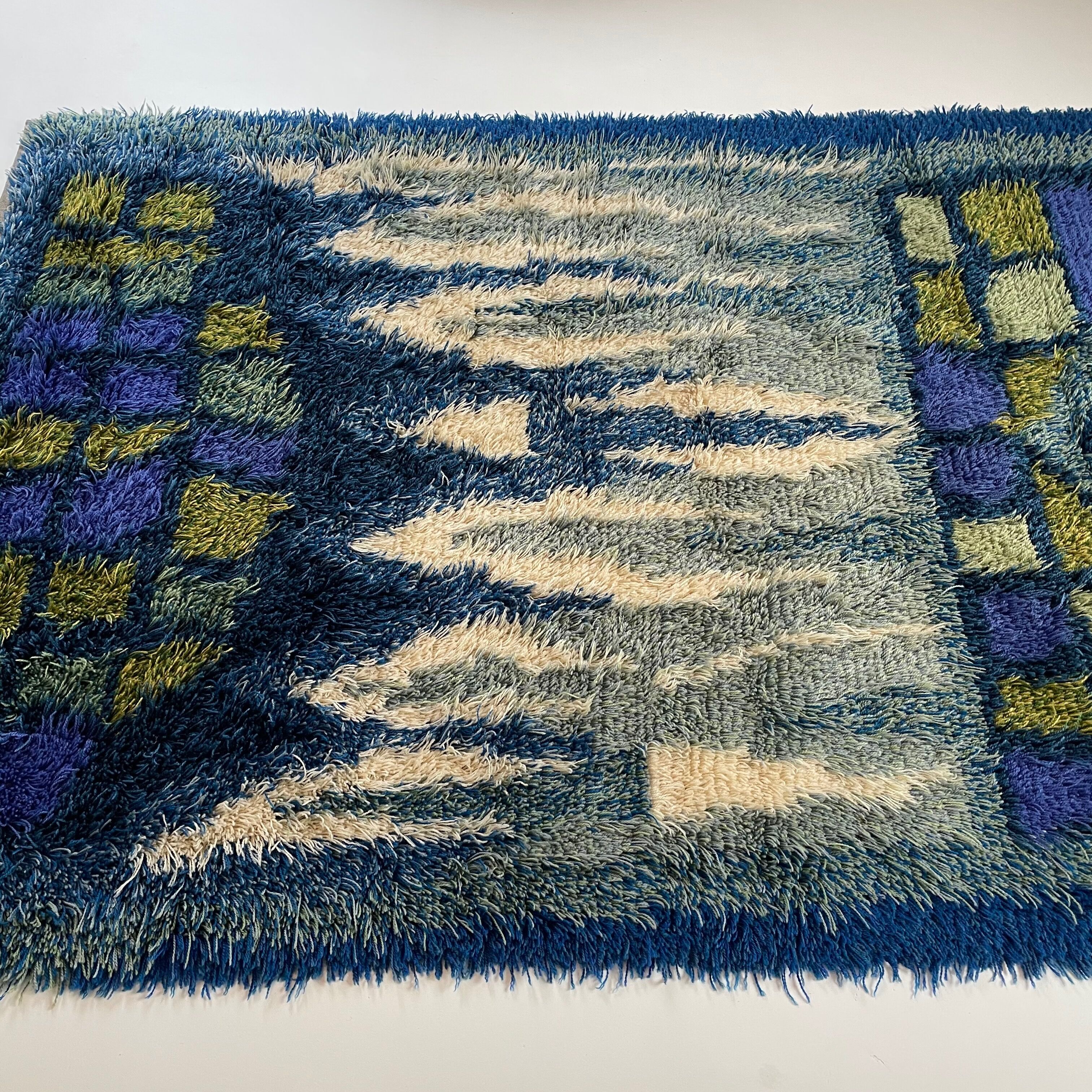 Abstract Scandinavian Multicolor High Pile Rya Rug Carpet, Sweden, 1960s