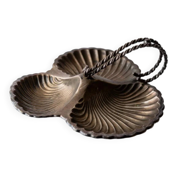 Vintage centrepiece bowl from around 1900 in silver-plated metal by Mappin & Webb (England), triple shell shape with handle.