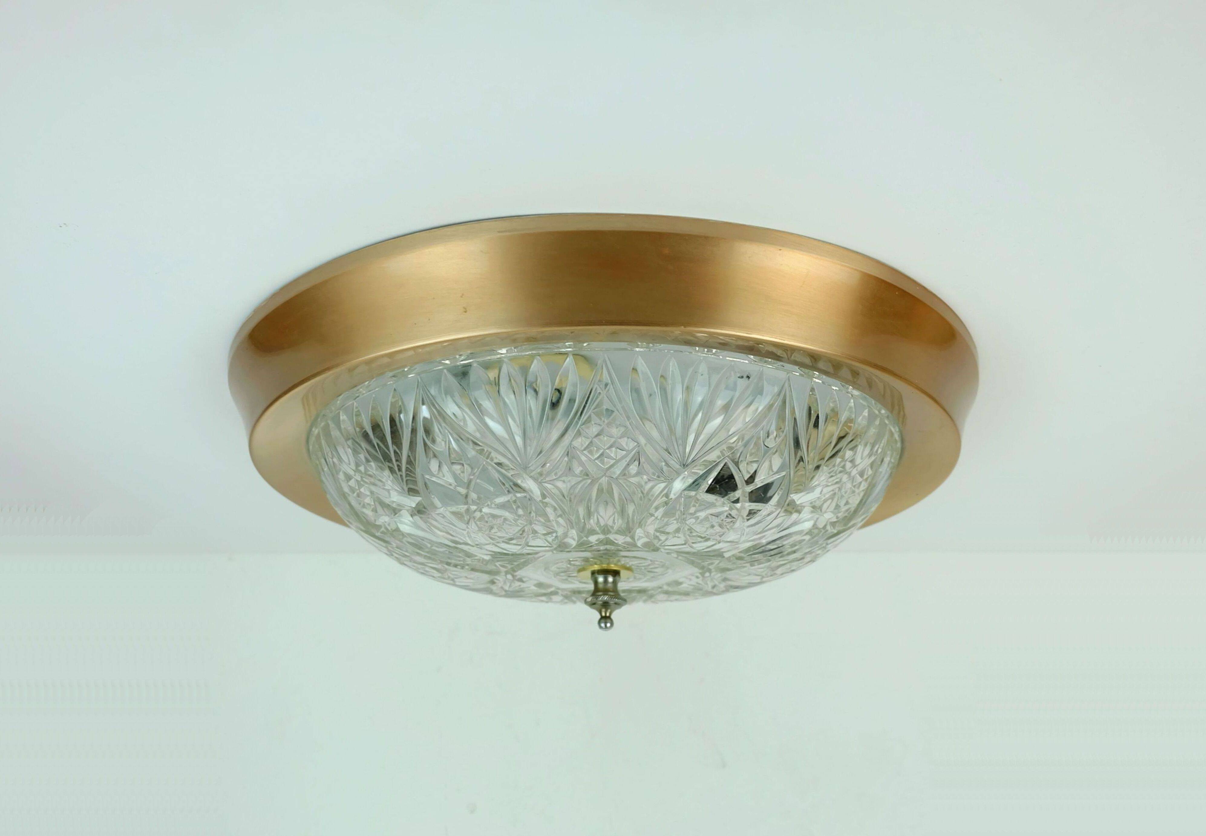 mid century ceiling LAMP flush mount textured glass and aluminum 1970s