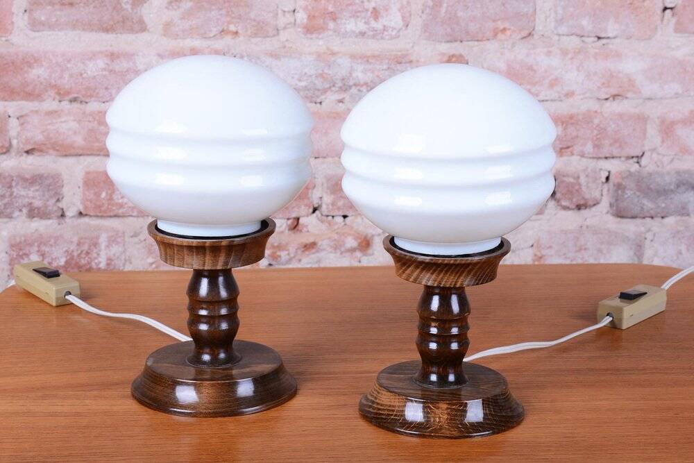 Art Deco Table Lamps in Beech and Opal Glass, Czech, 1930s, Set of 2