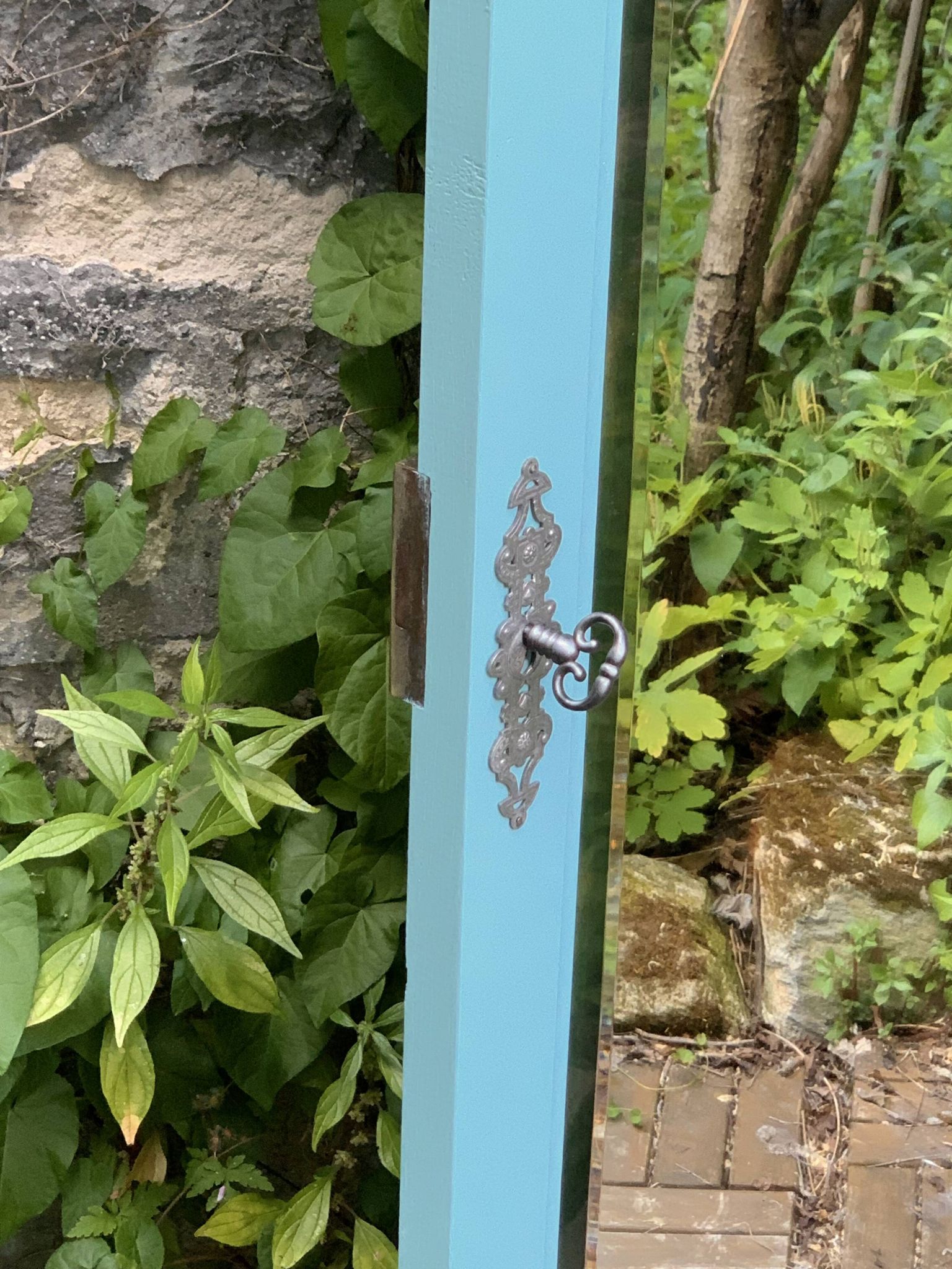 Beveled mirror on turquoise Parisian door