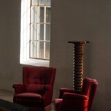 Pair of modern Danish lounge chairs, cherry red velvet, 1950s.