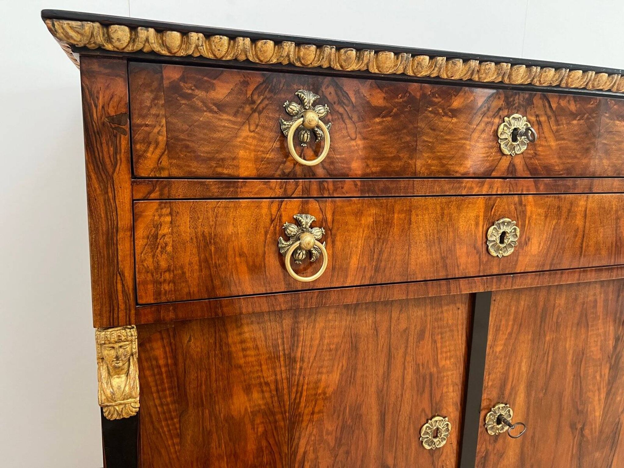 Biedermeier Chest in Walnut Veneer, Cherry, Gold Leaf & Brass, Austria, 1815