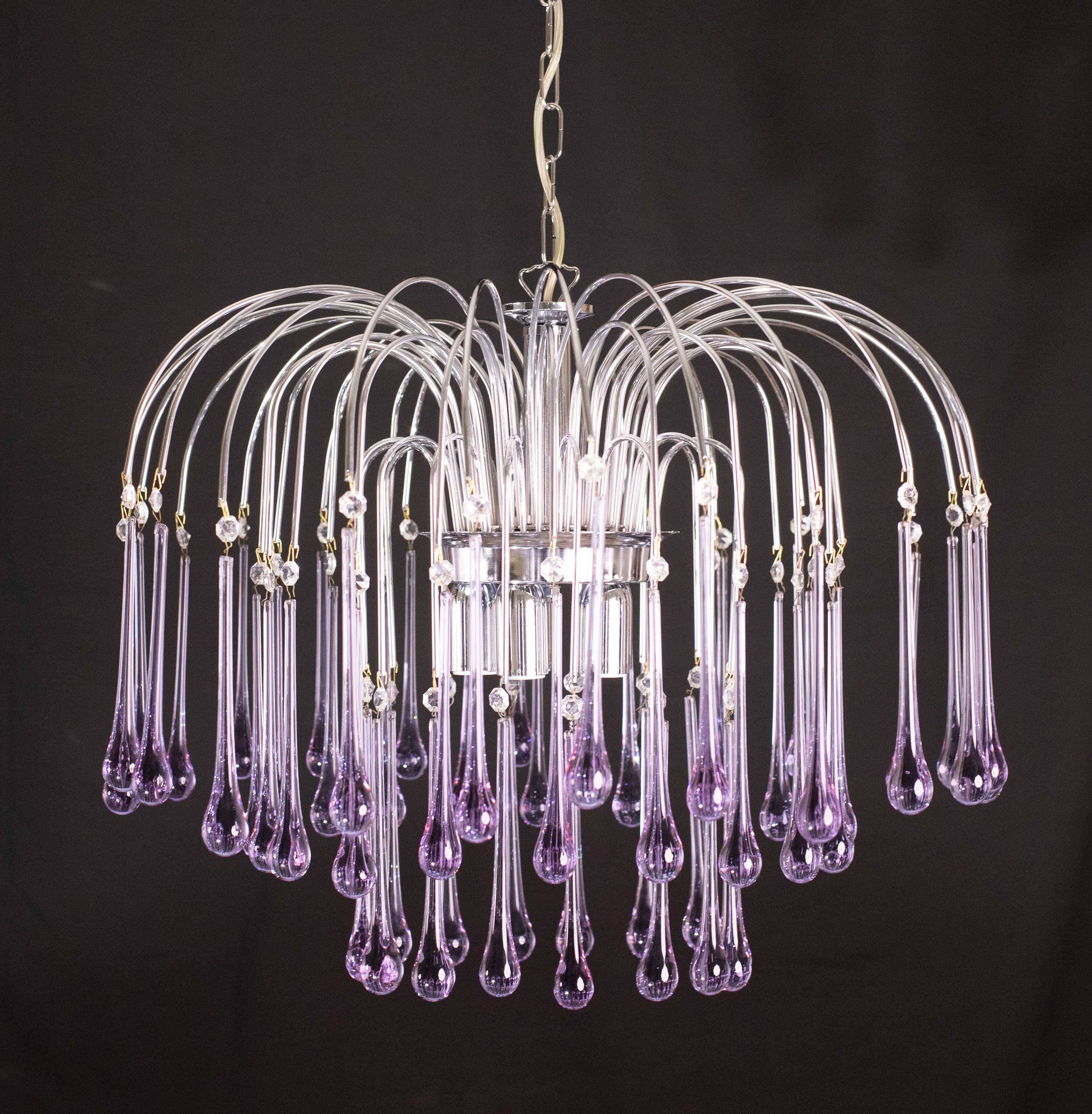 The Purple Crown, LArge Size Murano Chandelier Purple and Crystal Drops, 19
