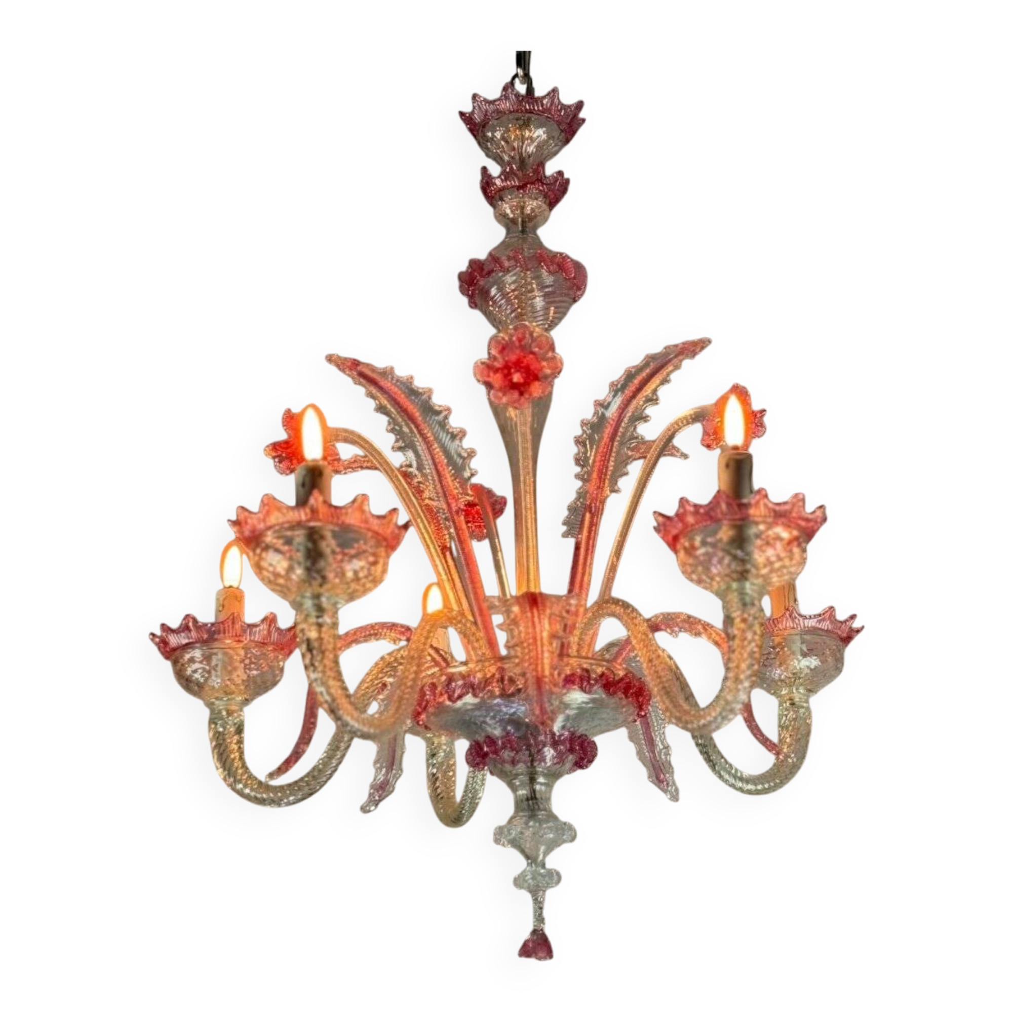 Venetian chandelier in colorless and red Murano glass, 5 light arms, circa 1950