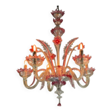 Venetian chandelier in colorless and red Murano glass, 5 light arms, circa 1950