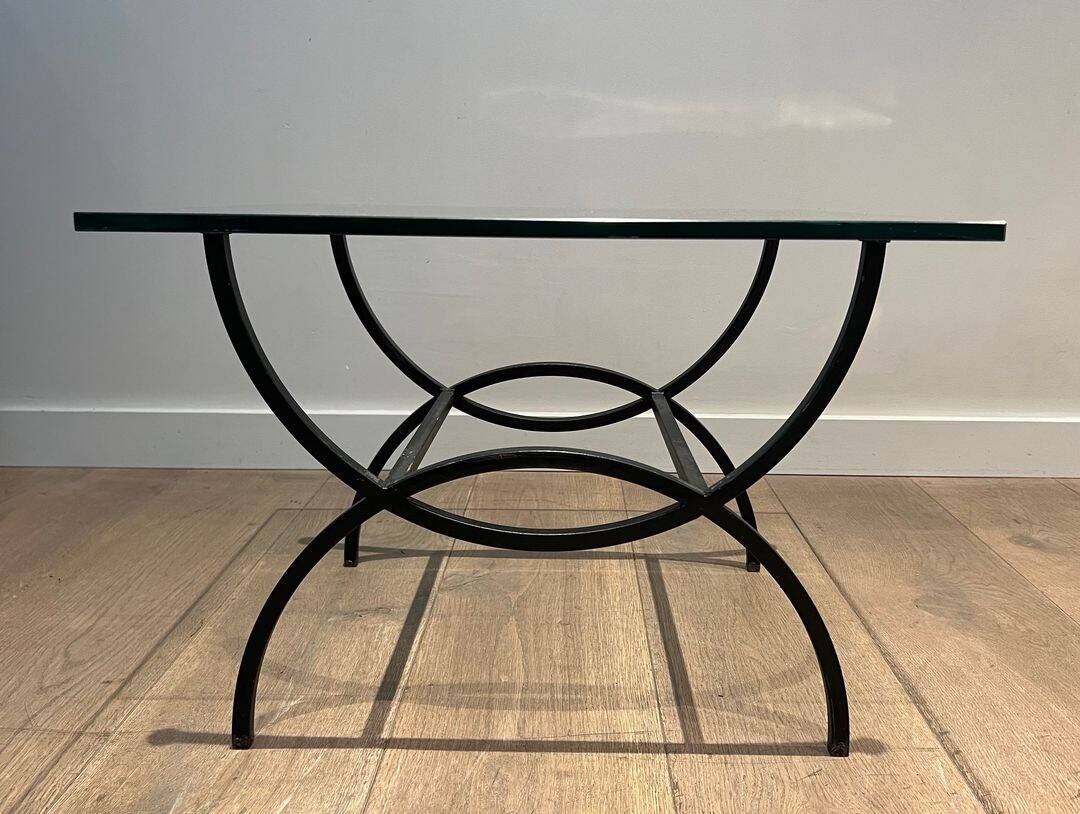 Pair of Black Lacquered Wrought Iron and Glass Side Tables, French Work