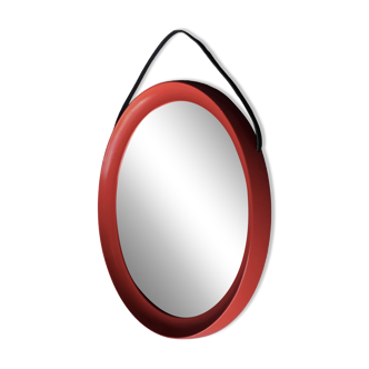 Round Red Wooden Mirror by O.W.Hack. 1970s