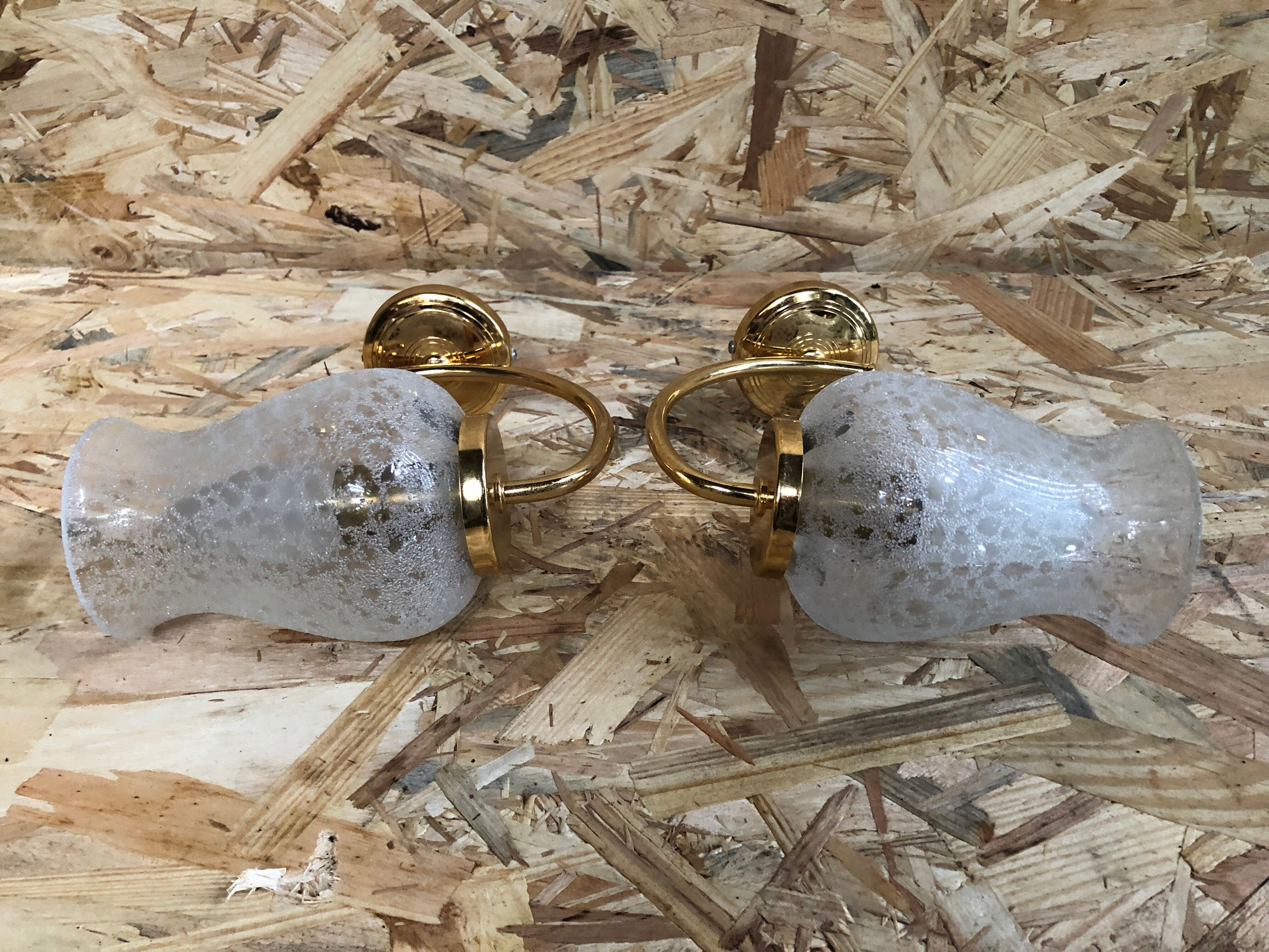 Old Pair Wall Lamp Golden Metal + Reflector Molded Glass 70s Vintage