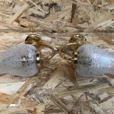 Old Pair Wall Lamp Golden Metal + Reflector Molded Glass 70s Vintage