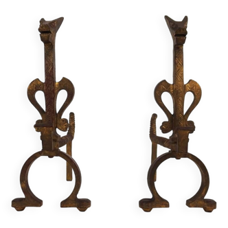 Pair of zoomorphic wrought iron andirons