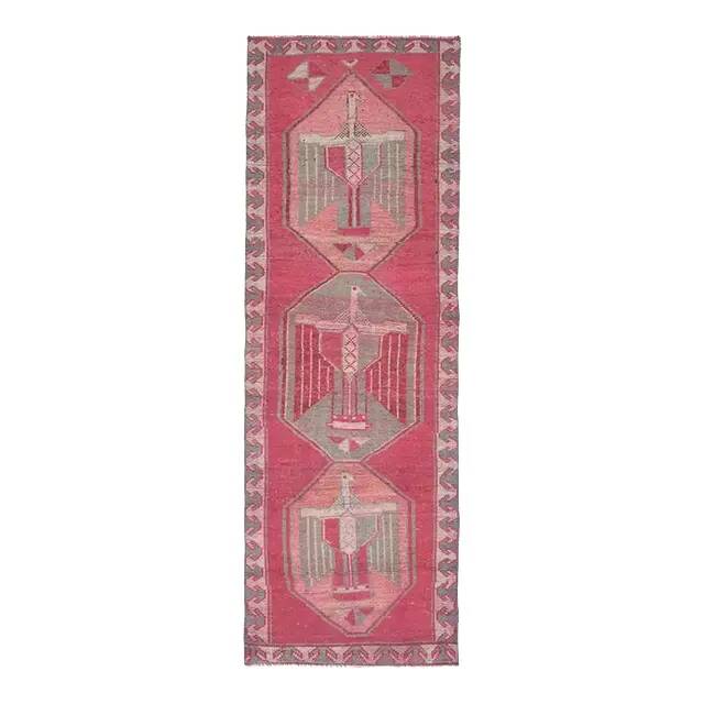 1970s Vintage Turkish Oushak Handmade Wool Cotton Pink Runner Rug 96x303