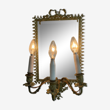 Applique miroir bougeoirs 3 feux glace biseauté Napoléon III, ruban Louis XVI, France