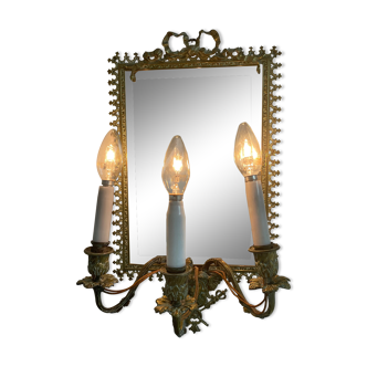 Antique, wall lamp, mirror, candlesticks, 3 lights, beveled ice, Napoleon III, Louis XVI ribbon, France