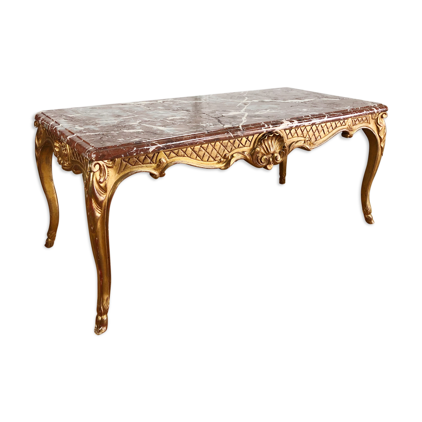 Low table of Style Louis XV gold wooden / marble top