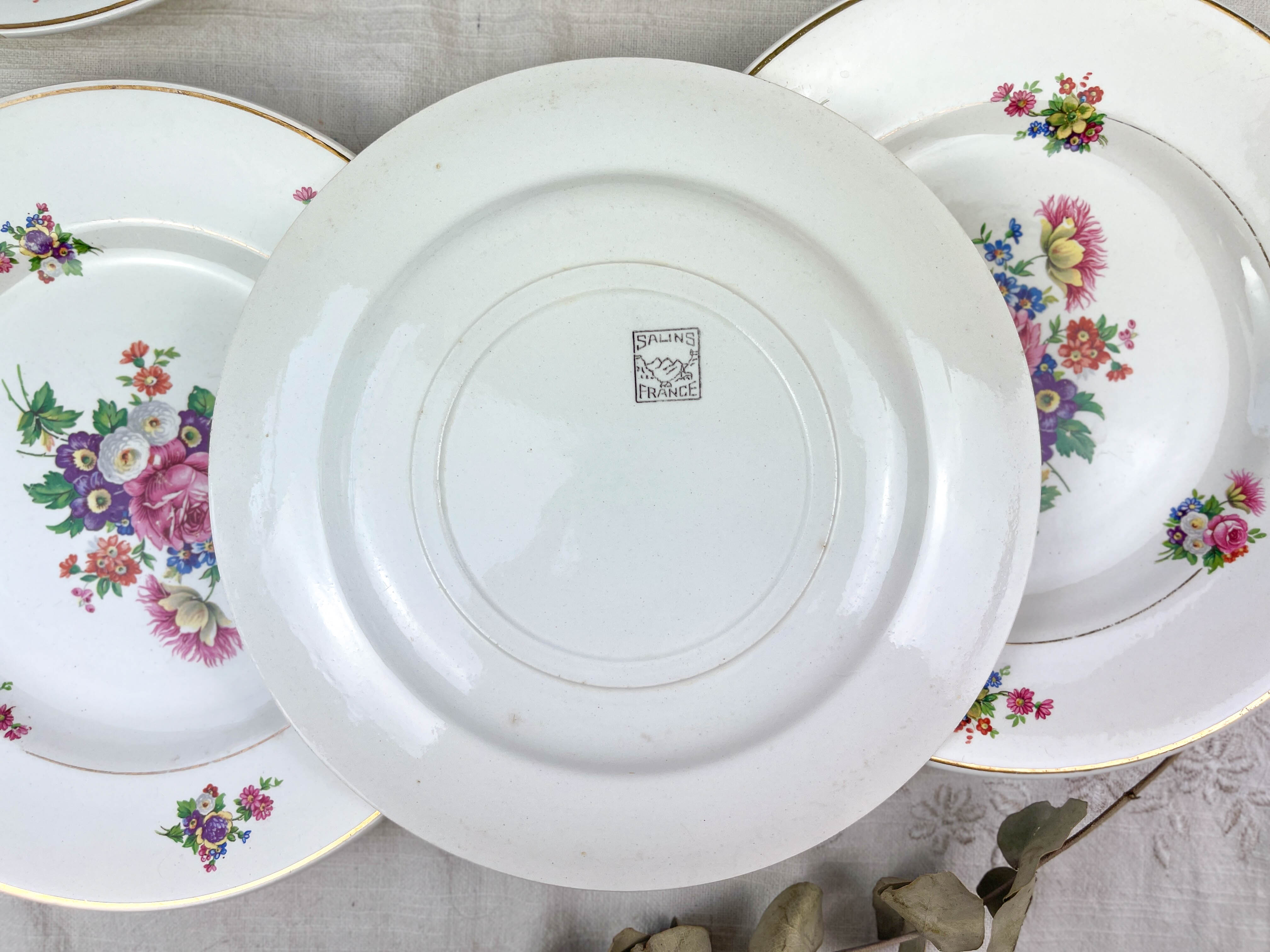6 assiettes terre de fer salins modèle "anny" motif fleuris