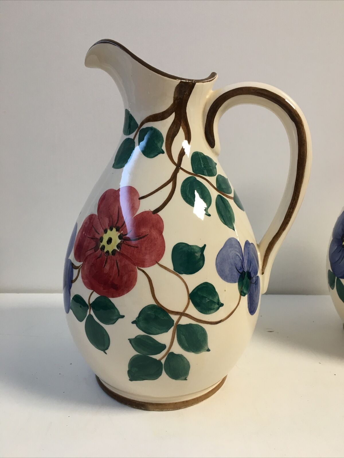 Pair of pitcher vases with spout handle deco numbered flower