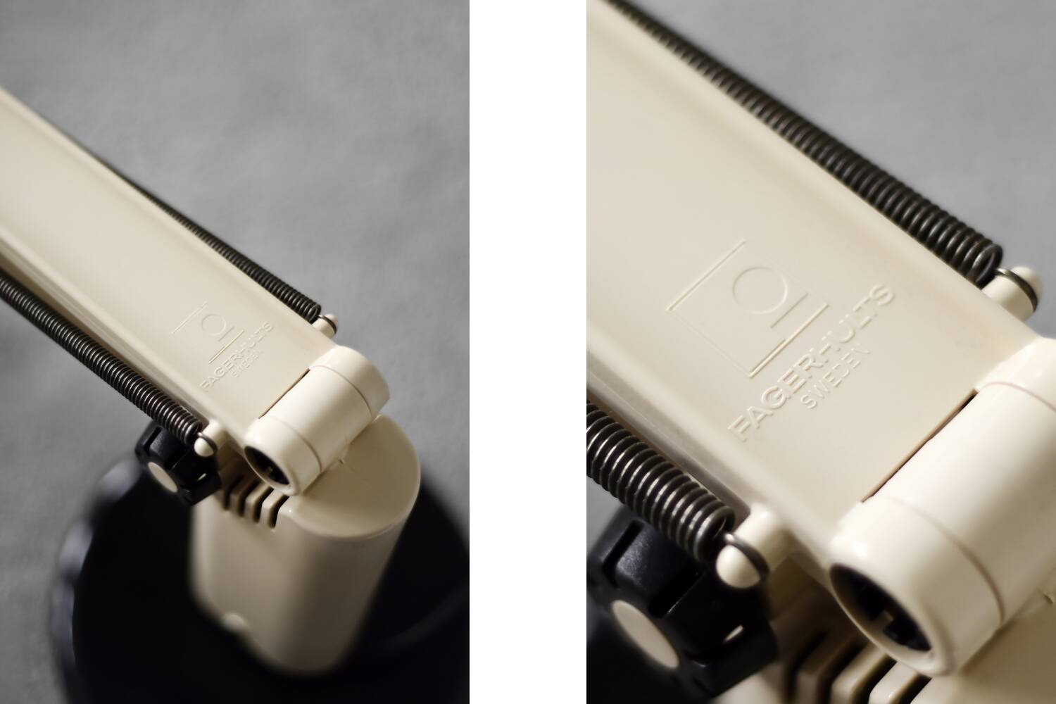 Beige plastic table lamp Lucifer, mid-century modern Scandinavian style.