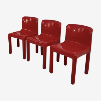 Set of 3 red chairs model 4875 by Carlo Bartoli for Kartell, 1970