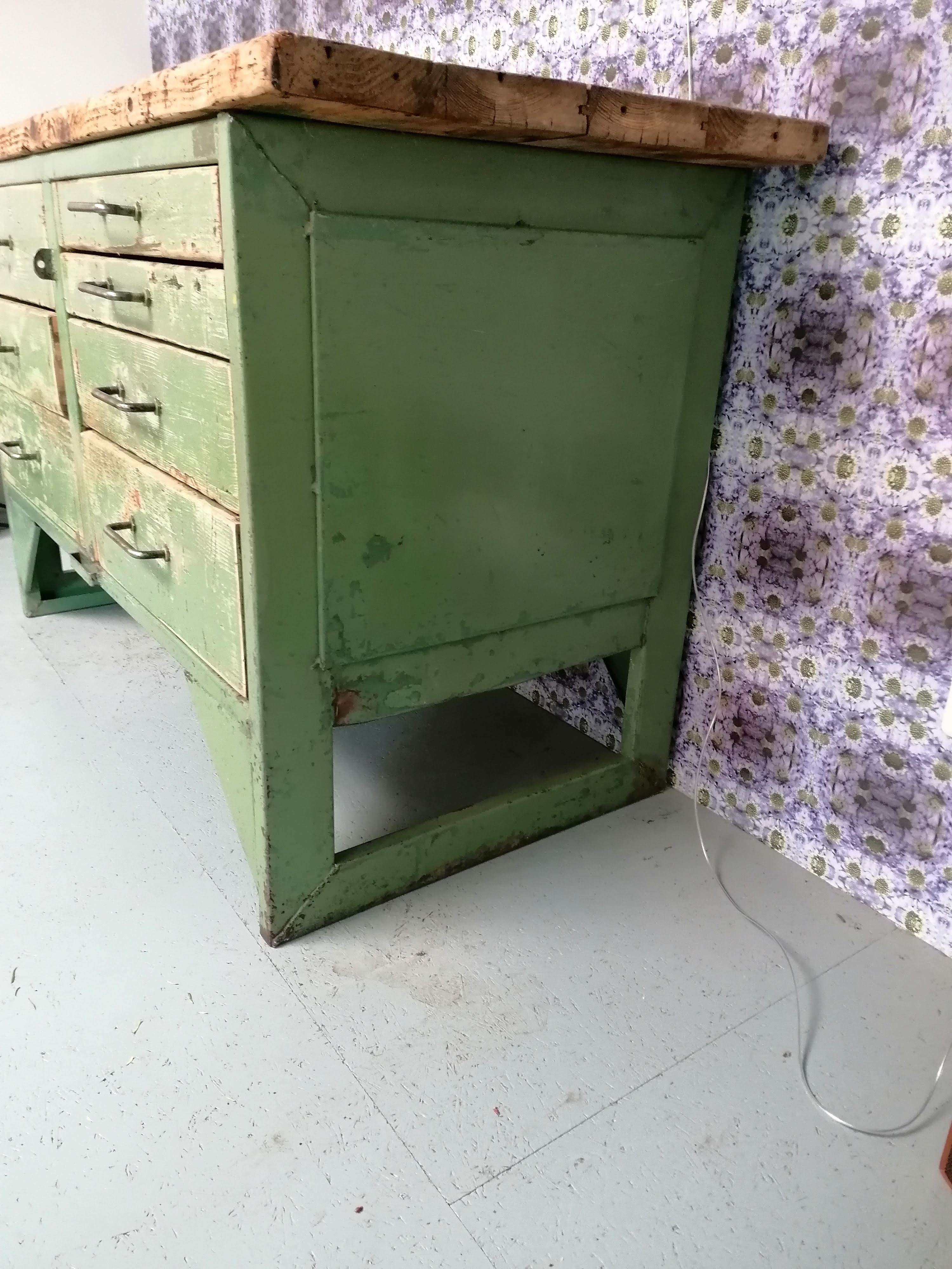 Old wooden garage workbench, industrial vintage.