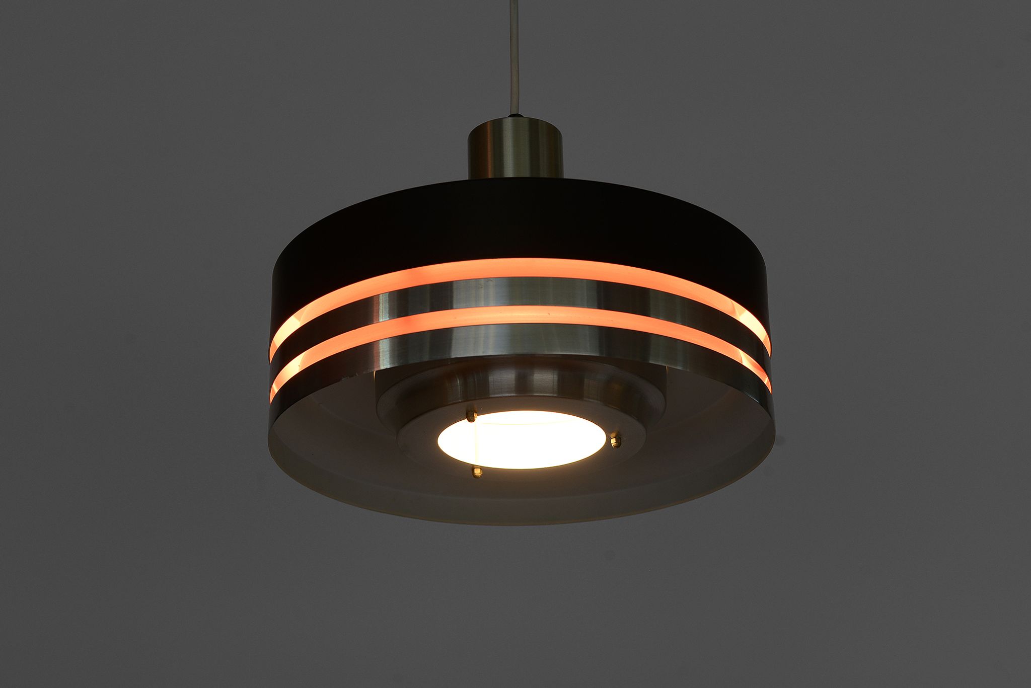 Pendant light in brushed aluminium and black by Carl Thore for Granhaga. Sweden 1960s.