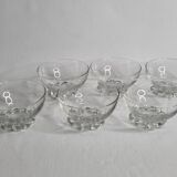 Set of six engraved crystal bowls in Art Deco style on spherical feet