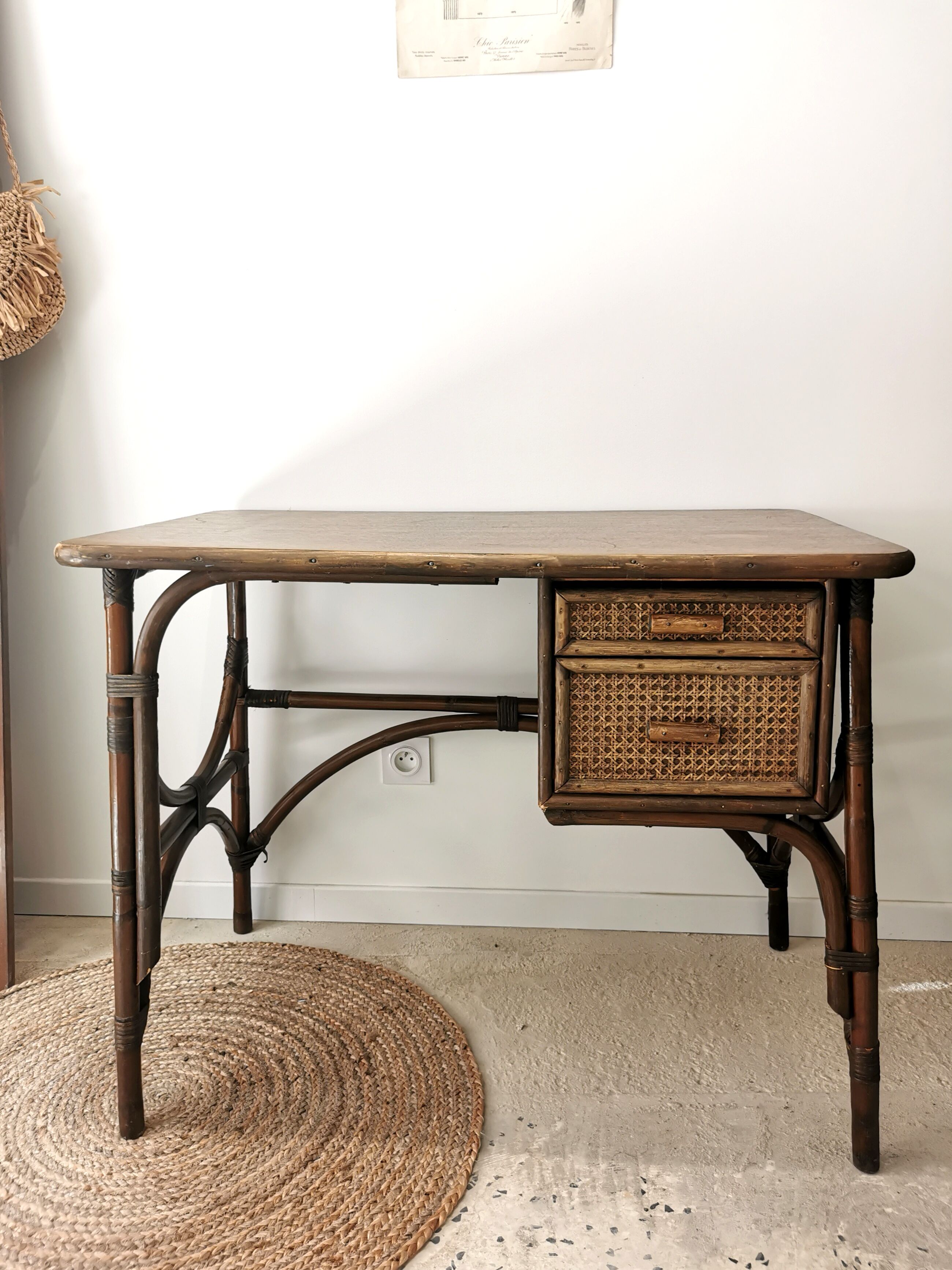 Rattan desk and vintage canning
