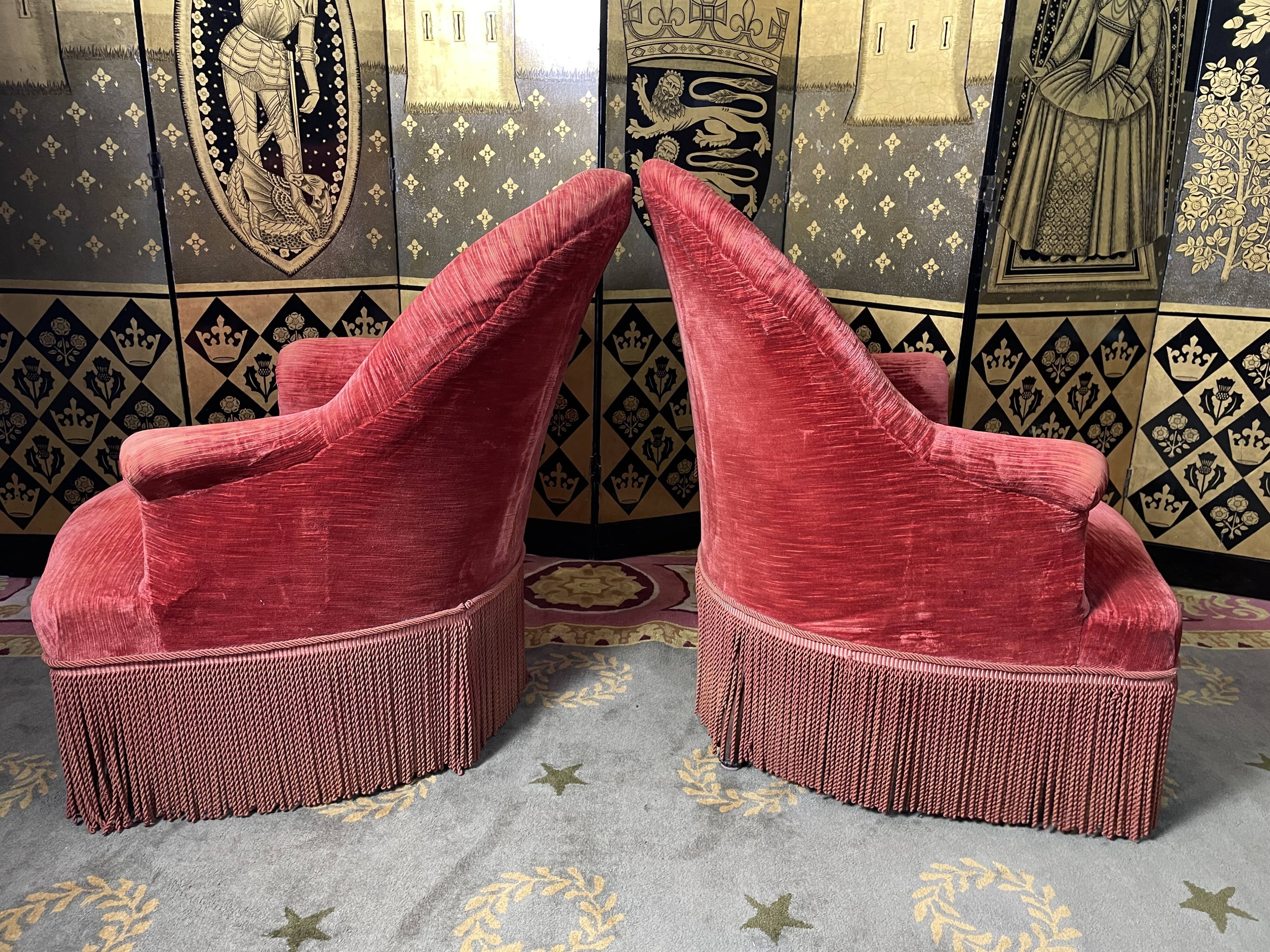 Pair of red velvet toad armchairs
