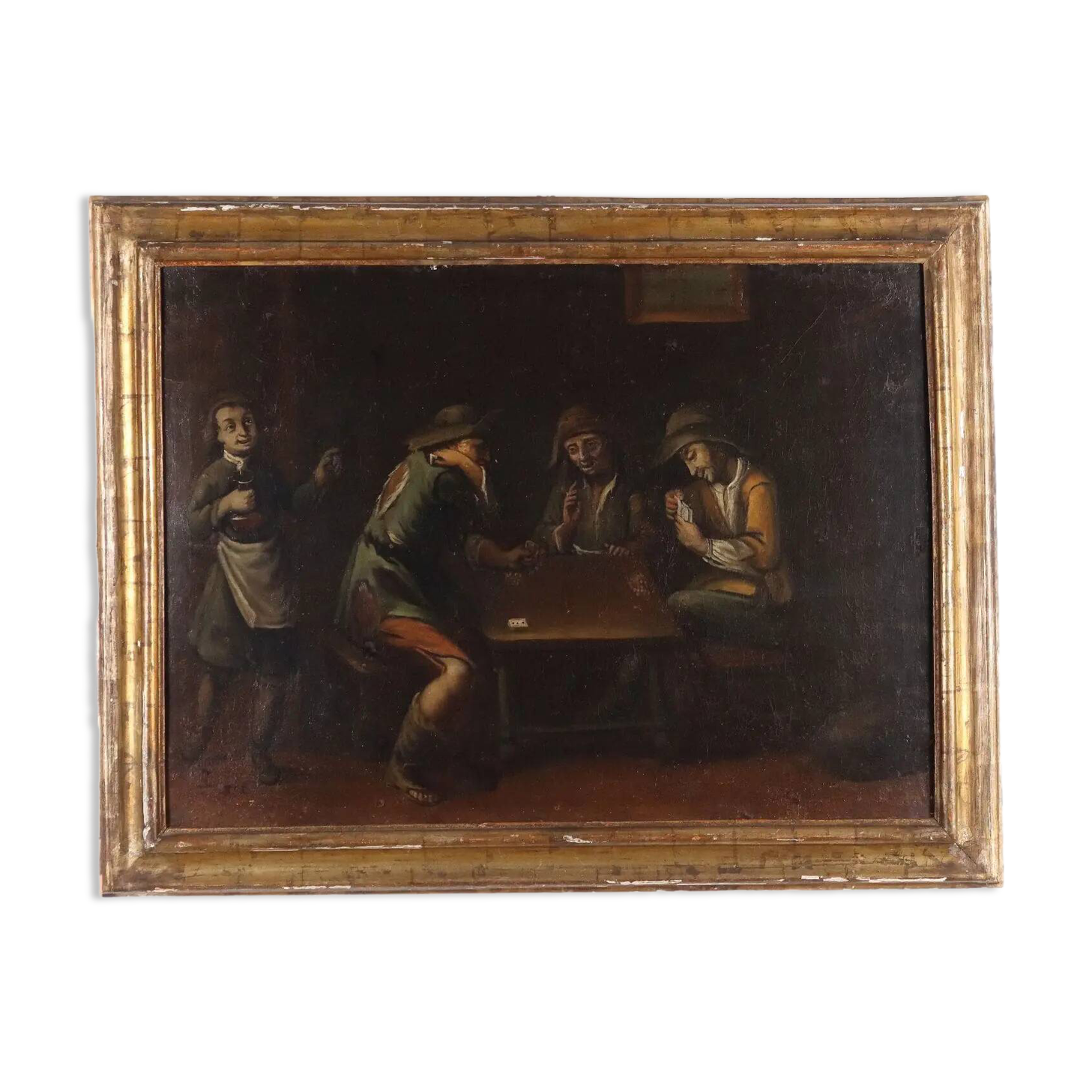 Peinture ancienne « Joueurs de cartes » huile sur toile Italie XVIIIe siècle