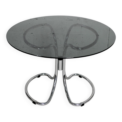 Table style Gastone Rinaldi, Italie, circa 1970. Acier chromé et dalle verre fumé.