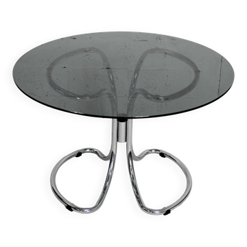 Table style Gastone Rinaldi, Italy, circa 1970. Chromed steel and smoked glass slab.