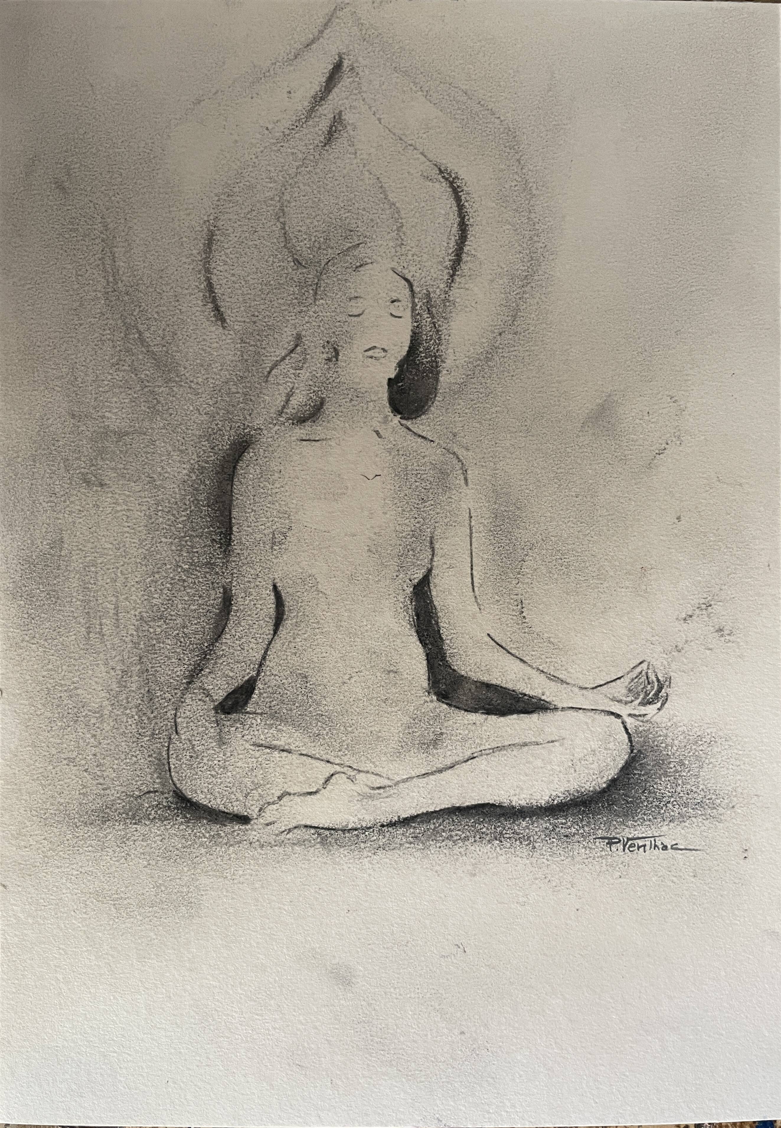 Painting signed charcoal woman buddha zen attitude