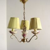french vintage 3 light porcelain with rose decoration & gold metal chandelier cream shades