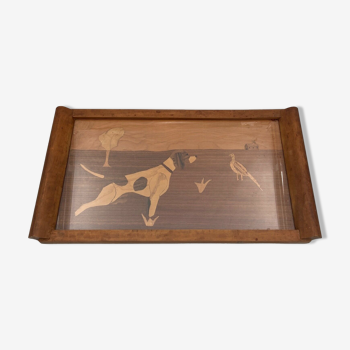 Marquetry tray XXeme decor of dog hunting light wood