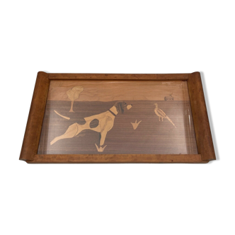 Marquetry tray XXeme decor of dog hunting light wood