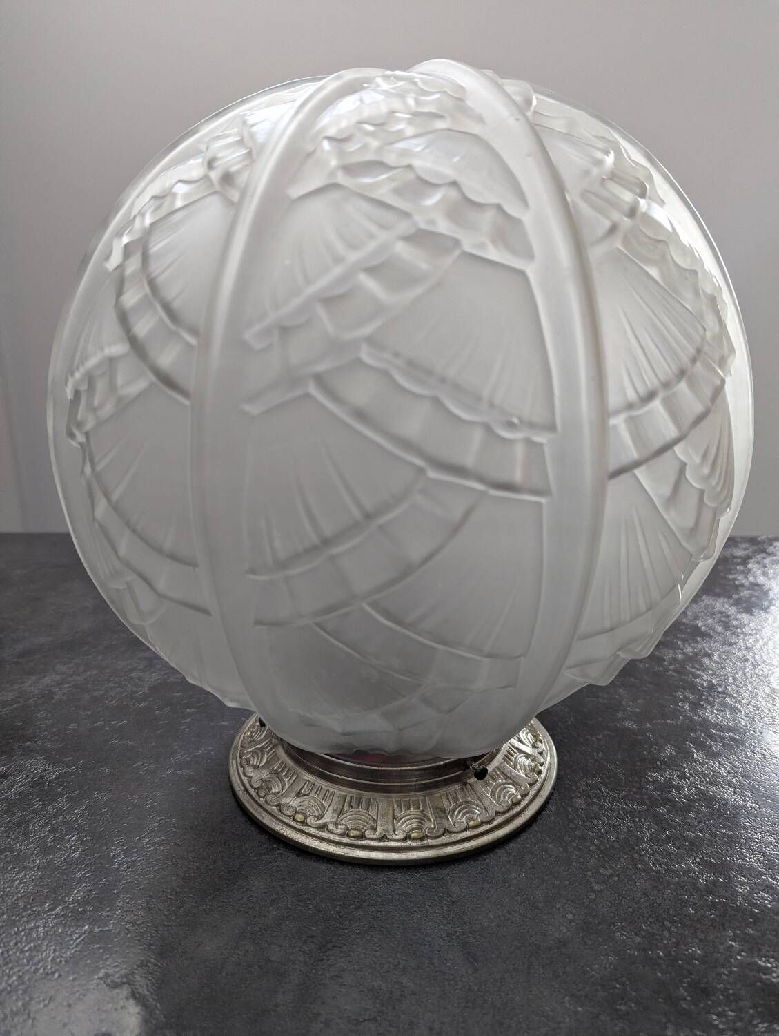 Antique large globe ceiling light, pressed glass, by Hettier & Vincent