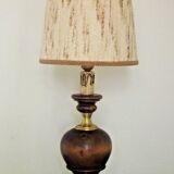 French Mid Century Round Lamp in Turned Wood and Gold Metal Beige Fabric Shade 3625